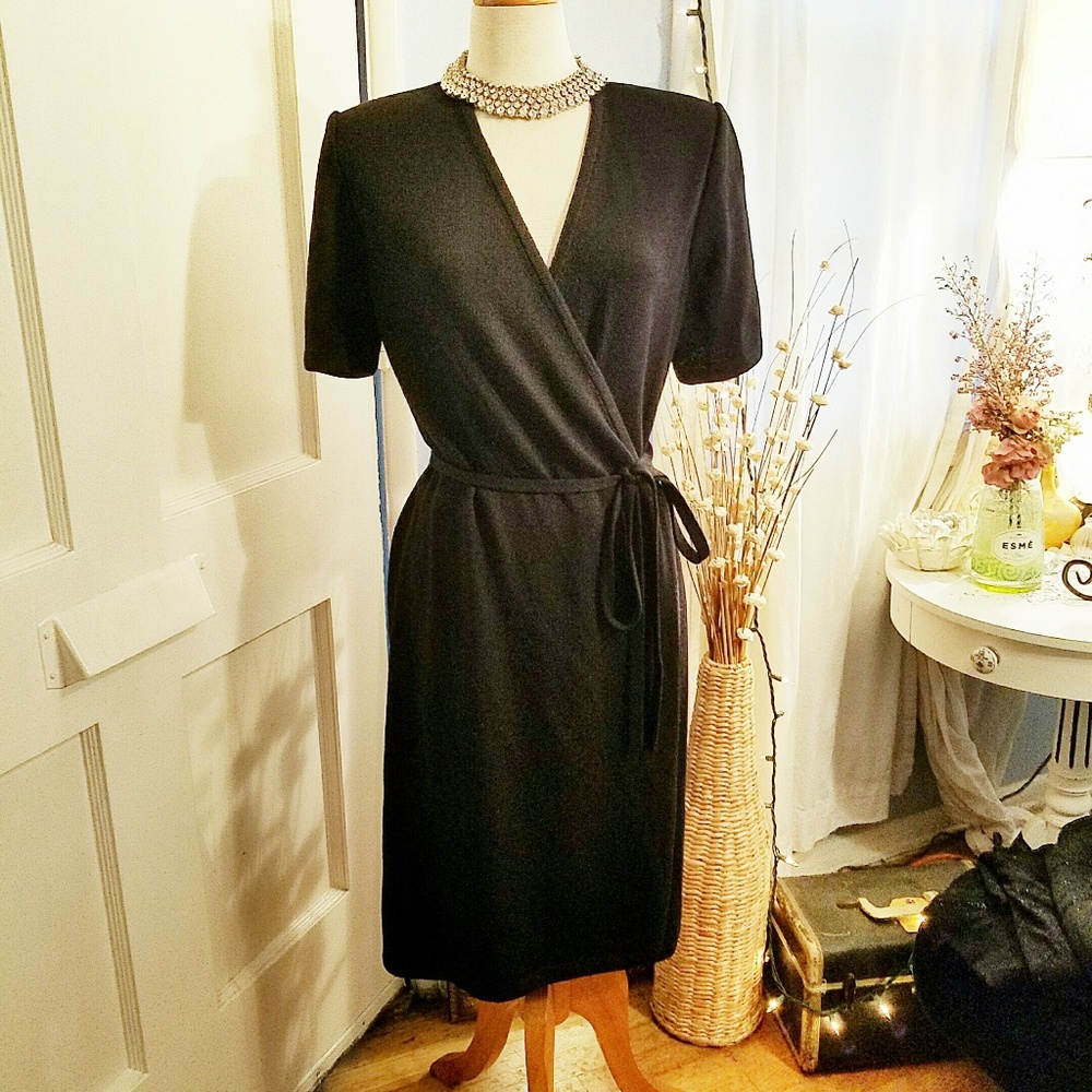 St. John Black Wrap-Style Short Sleeve Dress